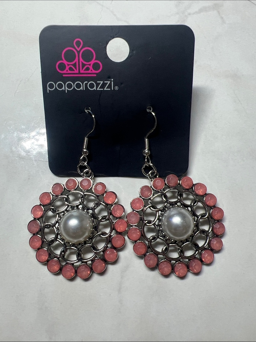 paparazzi Pink Pearl Filigree Circle Drop Earrings